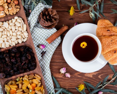Tea Pot, Mixed Nuts, Fresh Fruits, Croissant